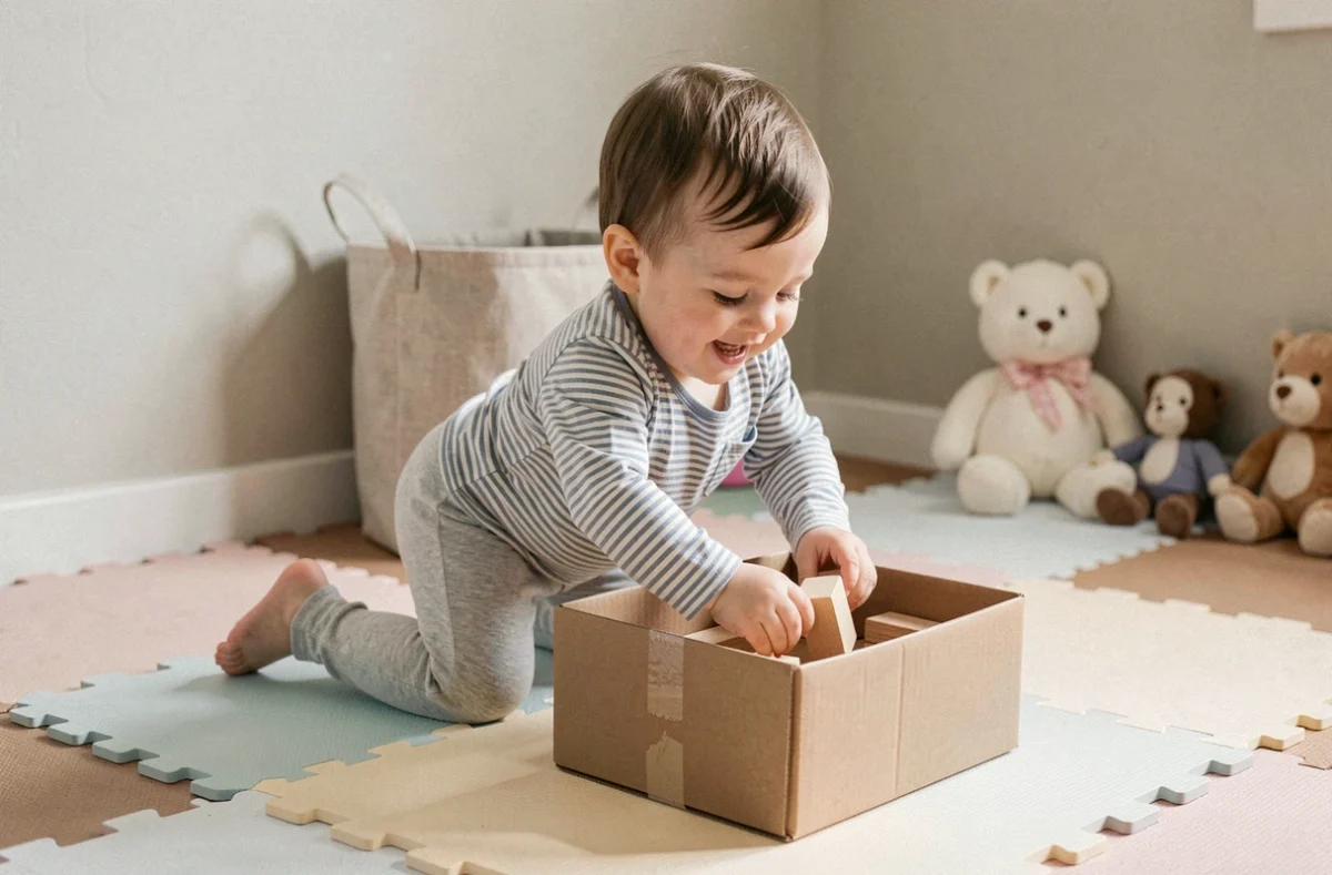 Bébé d'un an en train de ramper sur un tapis de jeu et de glisser des blocs en bois dans une boîte en carton