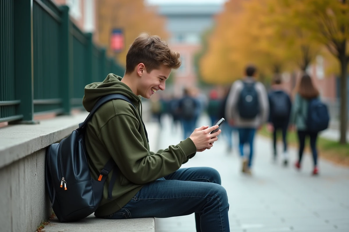 Adolescent riant en lisant un message de rentrée dans une cour d'école avec son sac à dos