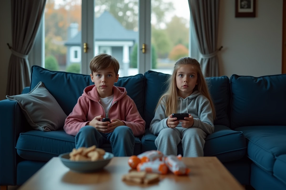 Adolescents assis sur un canapé bleu regardant la télé