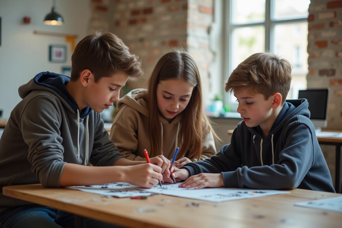 Groupe d'adolescents parisiens engagés dans un atelier créatif ou numérique en espace communautaire