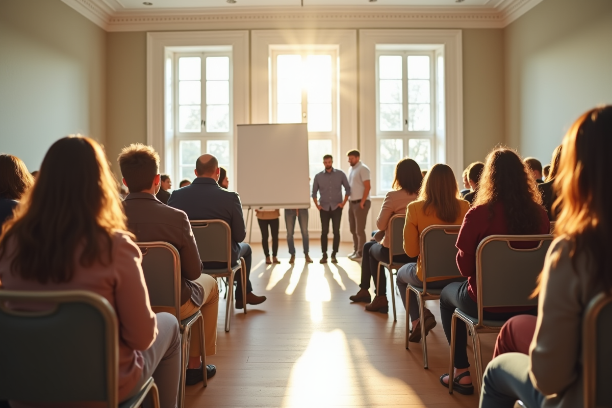 Adultes cherchant des chaises dans une salle lumineuse