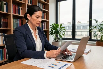 Économiste professionnelle en blazer marine travaillant dans un bureau parisien avec des livres et des rapports économiques