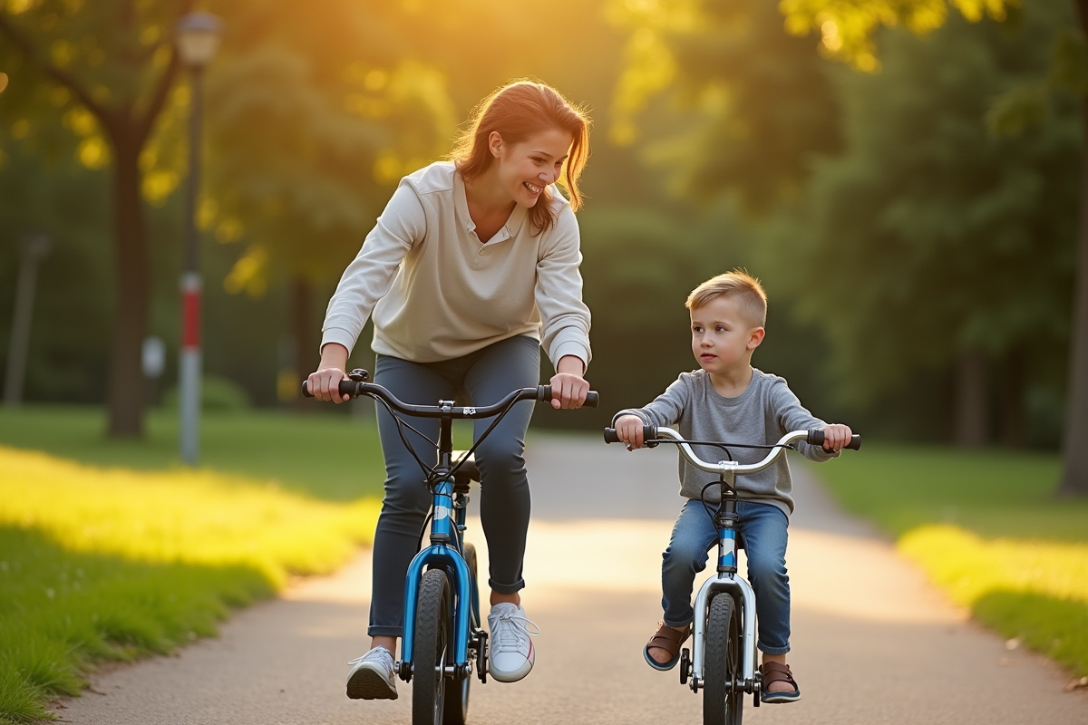 Parent aidant un adolescent à faire du vélo dans un parc ensoleille