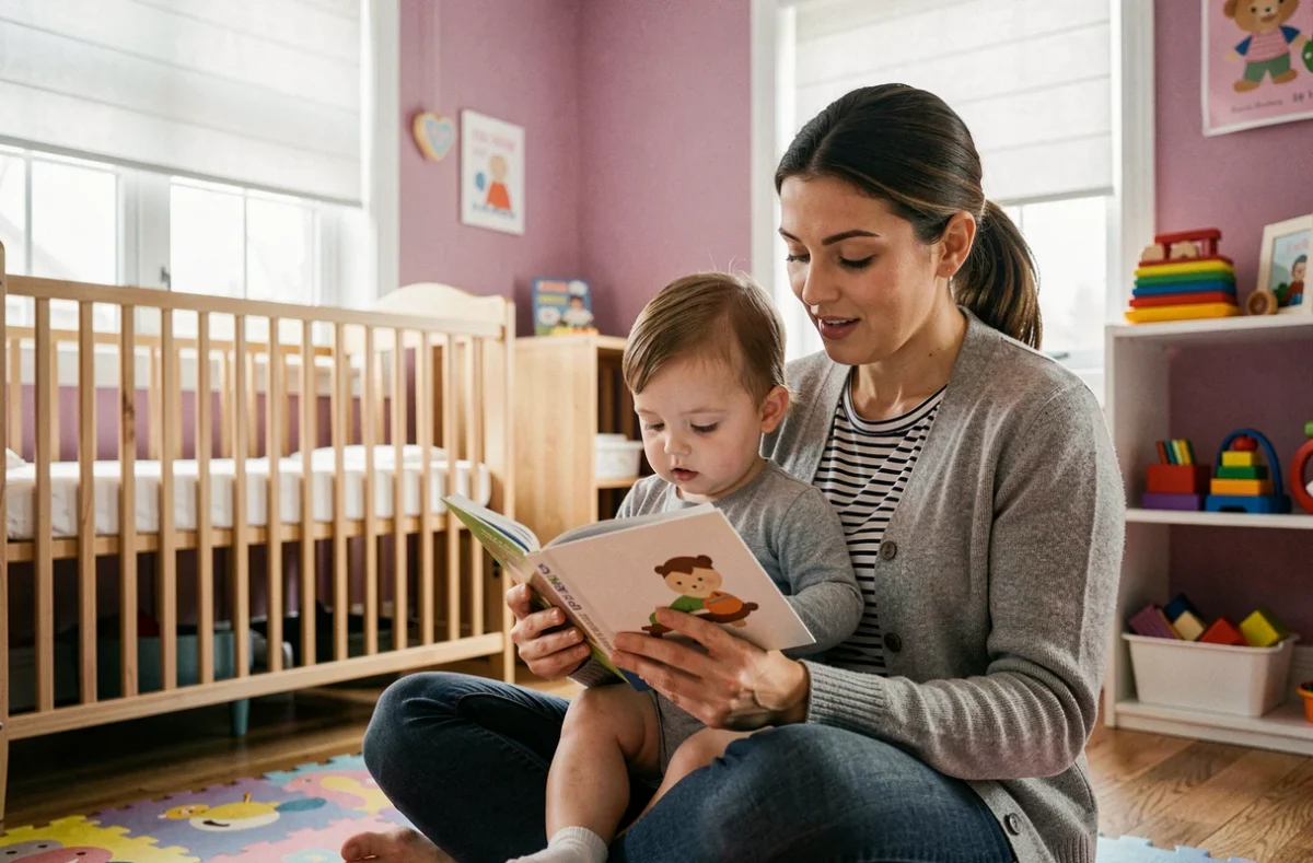 Une baby-sitter d'Assadia Bordeaux lit un livre illustré à un tout-petit dans une chambre d'enfant colorée
