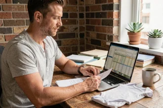 Auto-entrepreneur en train de préparer sa trésorerie avant un congé paternité, assis à son bureau avec des documents financiers et un ordinateur portable