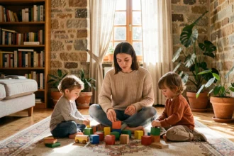 Une baby-sitter professionnelle joue avec des enfants dans un salon familial chaleureux en Nouvelle-Aquitaine