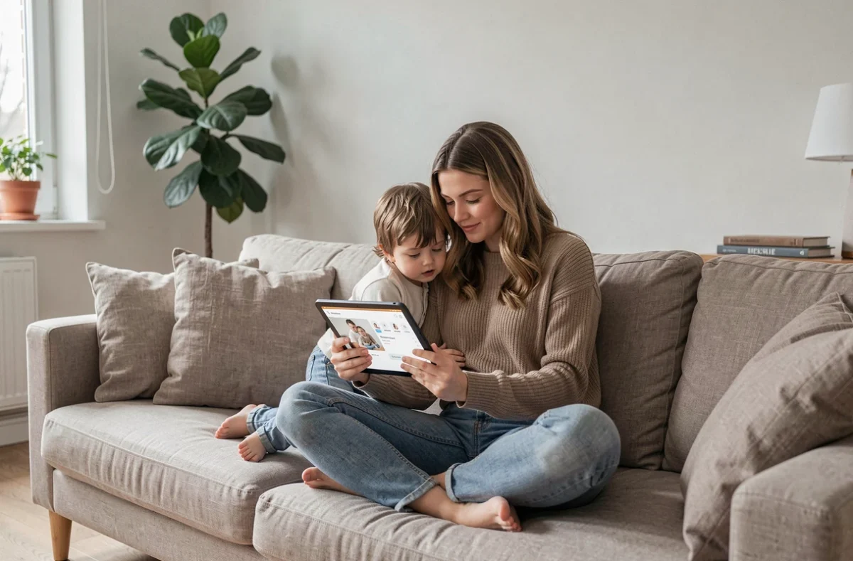 Une utilisatrice de la plateforme Babysittor consulte l'application sur une tablette avec un enfant dans un appartement bordelais