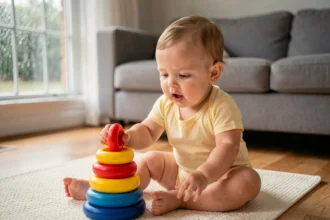 Bébé de 7 mois assis sur un tapis de jeu jouant avec des anneaux colorés par temps de pluie