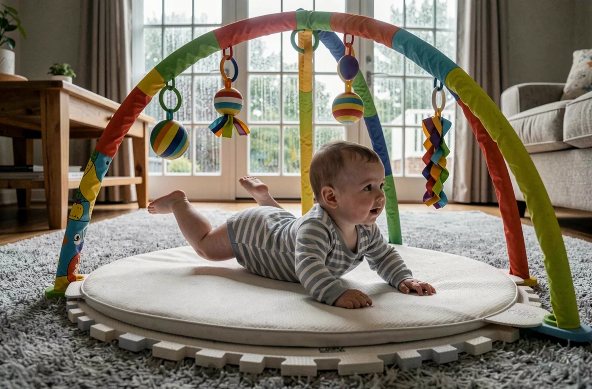Bébé de 7 mois en tummy time sous un arche d'éveil avec jouets suspendus pendant une journée pluvieuse