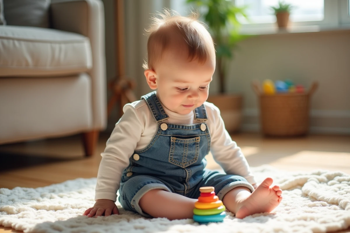 Bébé de 8 mois assis seul sur une couverture avec un jouet d'éveil, progression de la position assise autonome