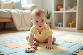 Bébé de 7 mois assis sur un tapis de jeu coloré tendant les bras vers un jouet en tissu, exercice de position assise