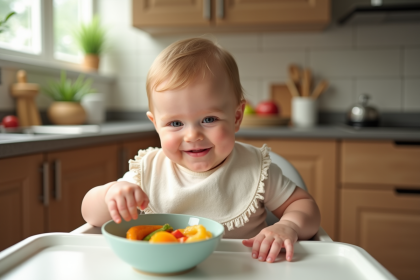 Bebe assise dans une chaise haute avec purée de légumes