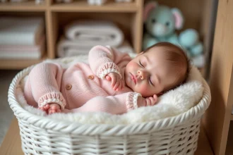 Bébé reborn fille très réaliste allongé dans un panier en osier blanc avec tenue rose tricotée
