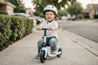Tout-petit souriant sur un scooter bébé électrique bleu pastel avec casque blanc, sur un trottoir résidentiel sécurisé