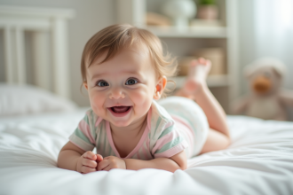 Bébé souriant allongé dans un lit bébé pastel