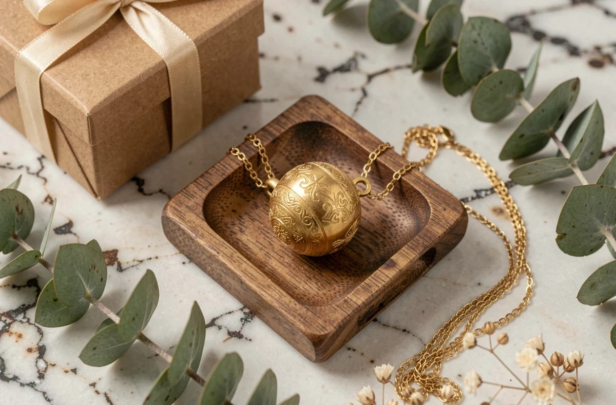 Bola de grossesse en or posé sur un plateau en bois rustique avec des fleurs séchées et un écrin cadeau, vue de dessus sur marbre