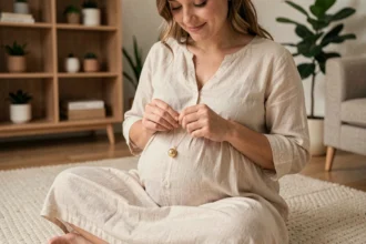 Femme enceinte tenant un bola de grossesse doré sur son ventre, assise sur un tapis en laine crème dans un salon minimaliste chaleureux