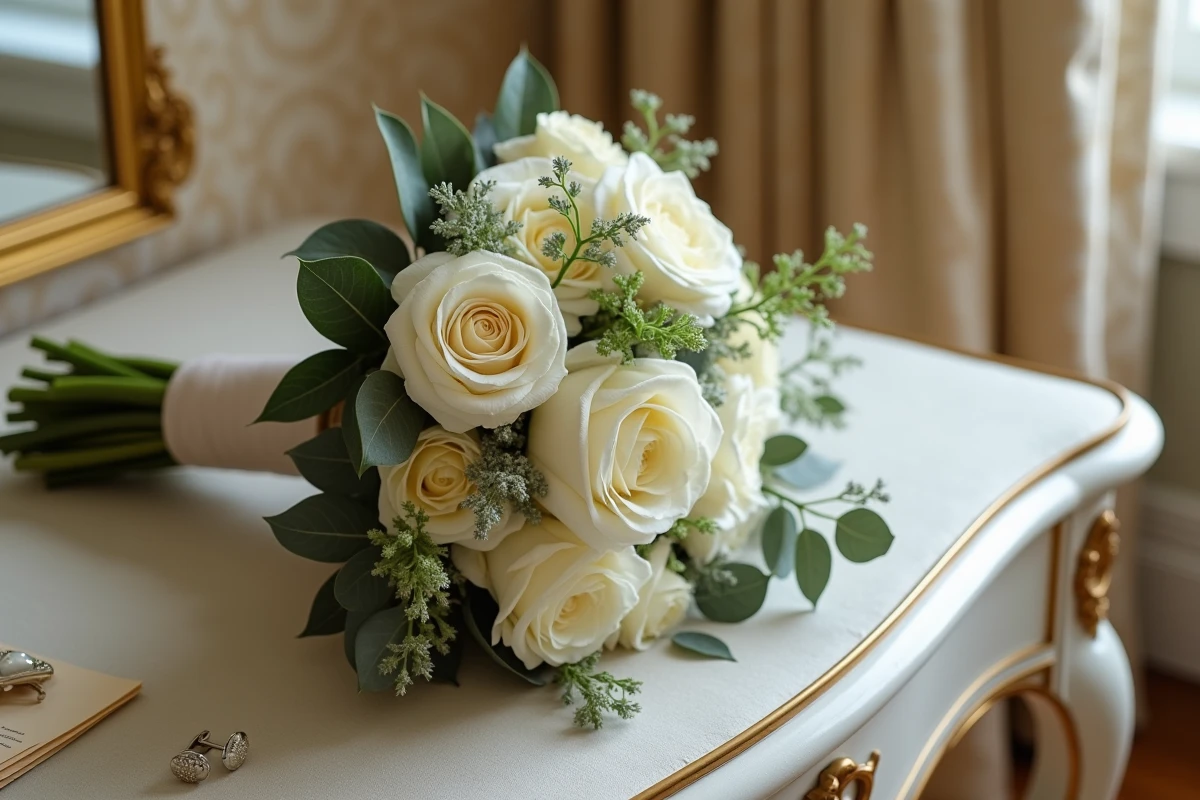 Bouquet de mariage blanc et accessoires de cérémonie posés sur un bureau dans une suite de palace