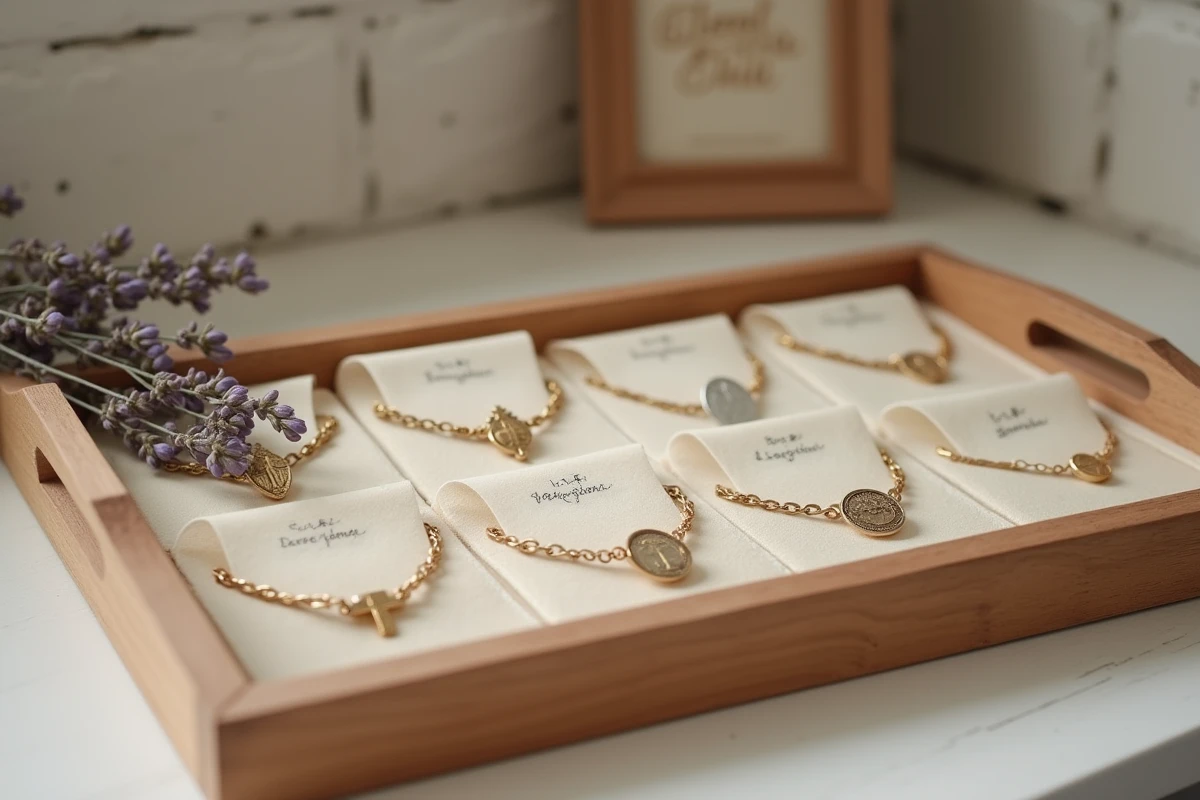 Présentoir de bijoux de baptême dans une boutique minimaliste française, bracelets et médailles religieuses