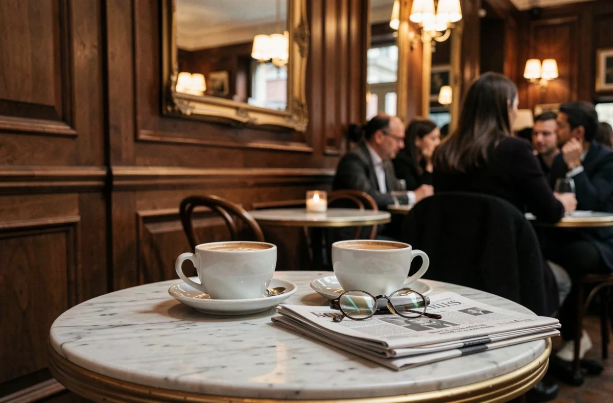 Deux tasses de café et des lunettes sur une table de brasserie parisienne, symbolisant une conversation intime et les confidences d'un entretien sur la vie sentimentale