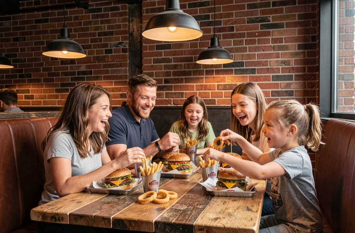 Brique House Bordeaux, restaurant de burgers en brique avec famille dégustant des burgers gourmets dans un cadre industriel moderne