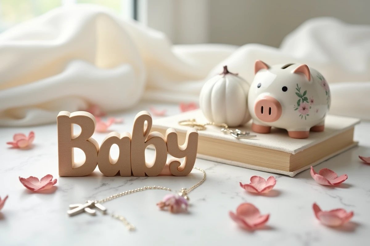 Détail de cadeaux de baptême personnalisés pour bébé incluant puzzle en bois gravé, tirelire céramique et livre illustré sur marbre blanc