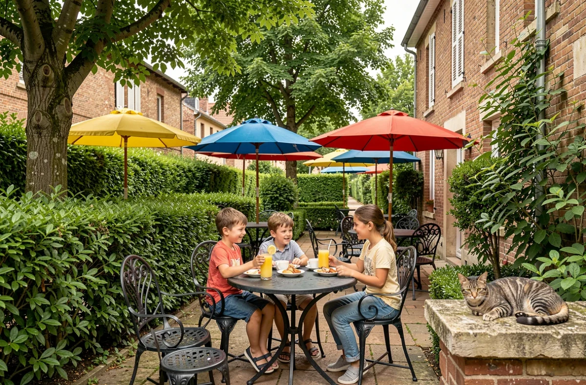 Café Fontaine d'Arlac à Mérignac, terrasse de jardin verdoyante avec famille attablée dans une ambiance de café de quartier