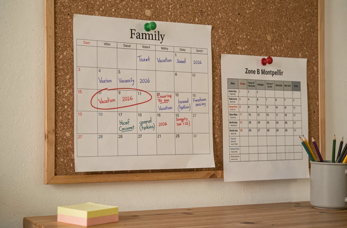 Calendrier scolaire 2026 affiché sur un tableau liège avec les dates de vacances zone B Montpellier