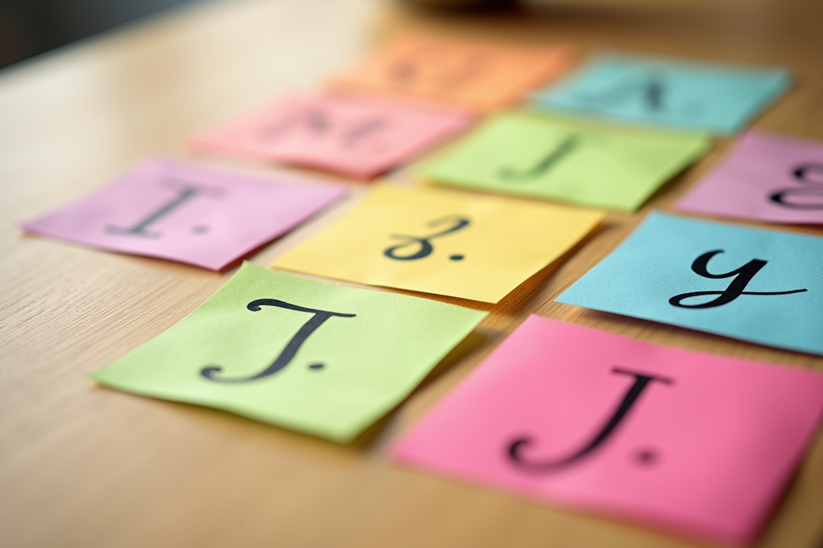Cartes en papier coloré avec noms en J sur une table en bois