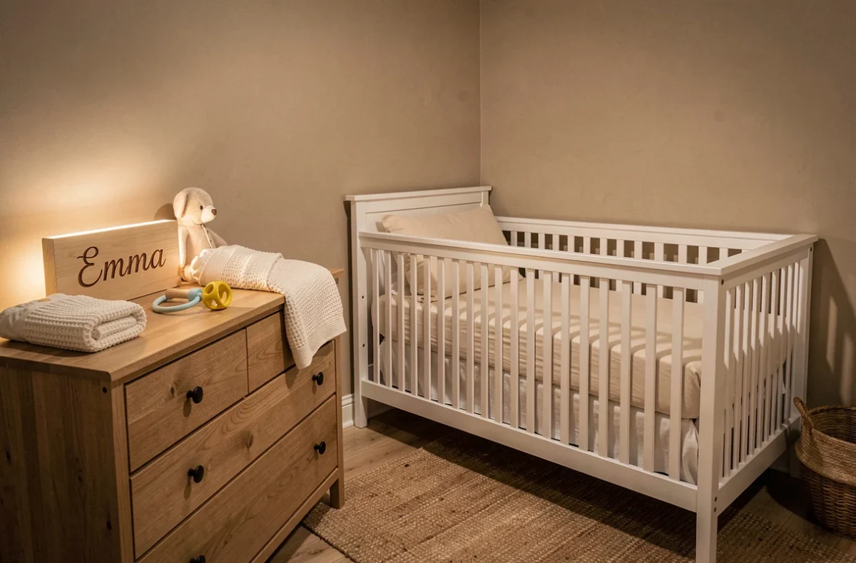 Vue large d'une chambre bébé décorée avec une veilleuse personnalisée en bois prénom Emma sur une commode entourée d'accessoires bébé pastel