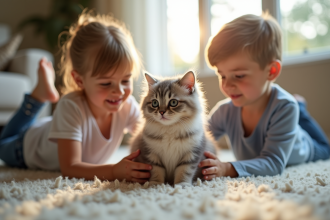 Chat persan chinchilla avec enfants dans le salon