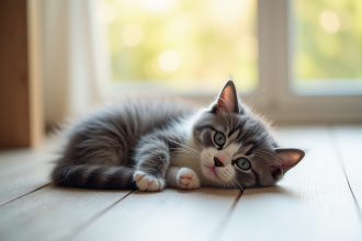 Chaton gris et blanc enroule sur le sol en bois clair