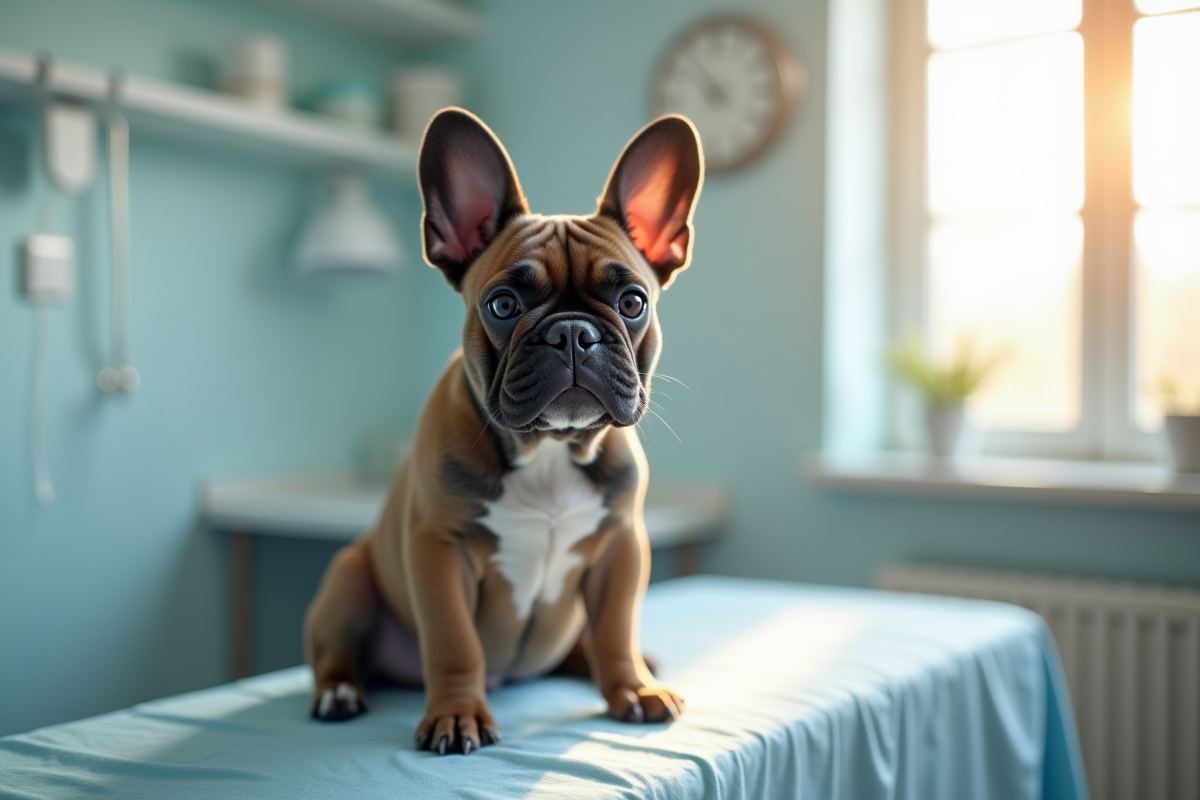 Bulldog francais exotique sur table d'examen vet