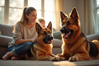 Chien berger allemand et malinois accueilli par une famille souriante
