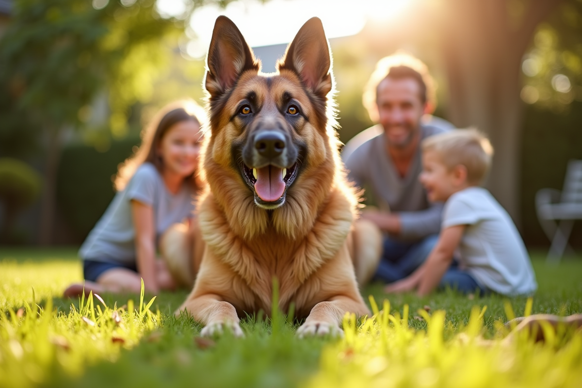 Chien berger allemand jouant avec enfants dans le jardin