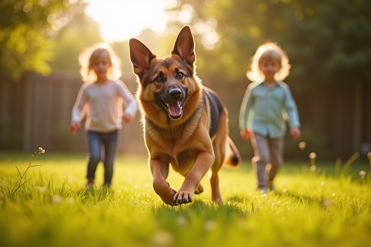 Chien malinois jouant avec des enfants dans un jardin ensoleille