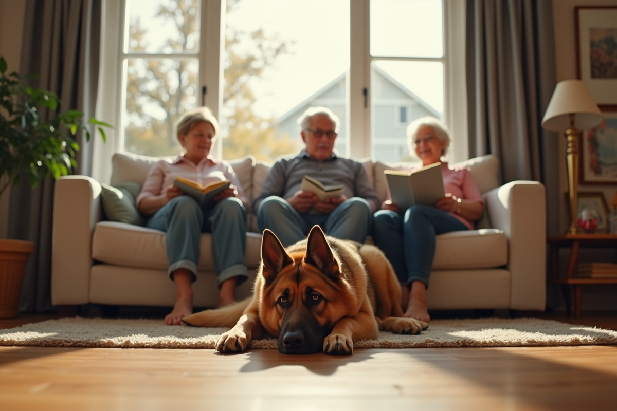 Chien berger allemand reposant au pied d un couple âgé dans le salon