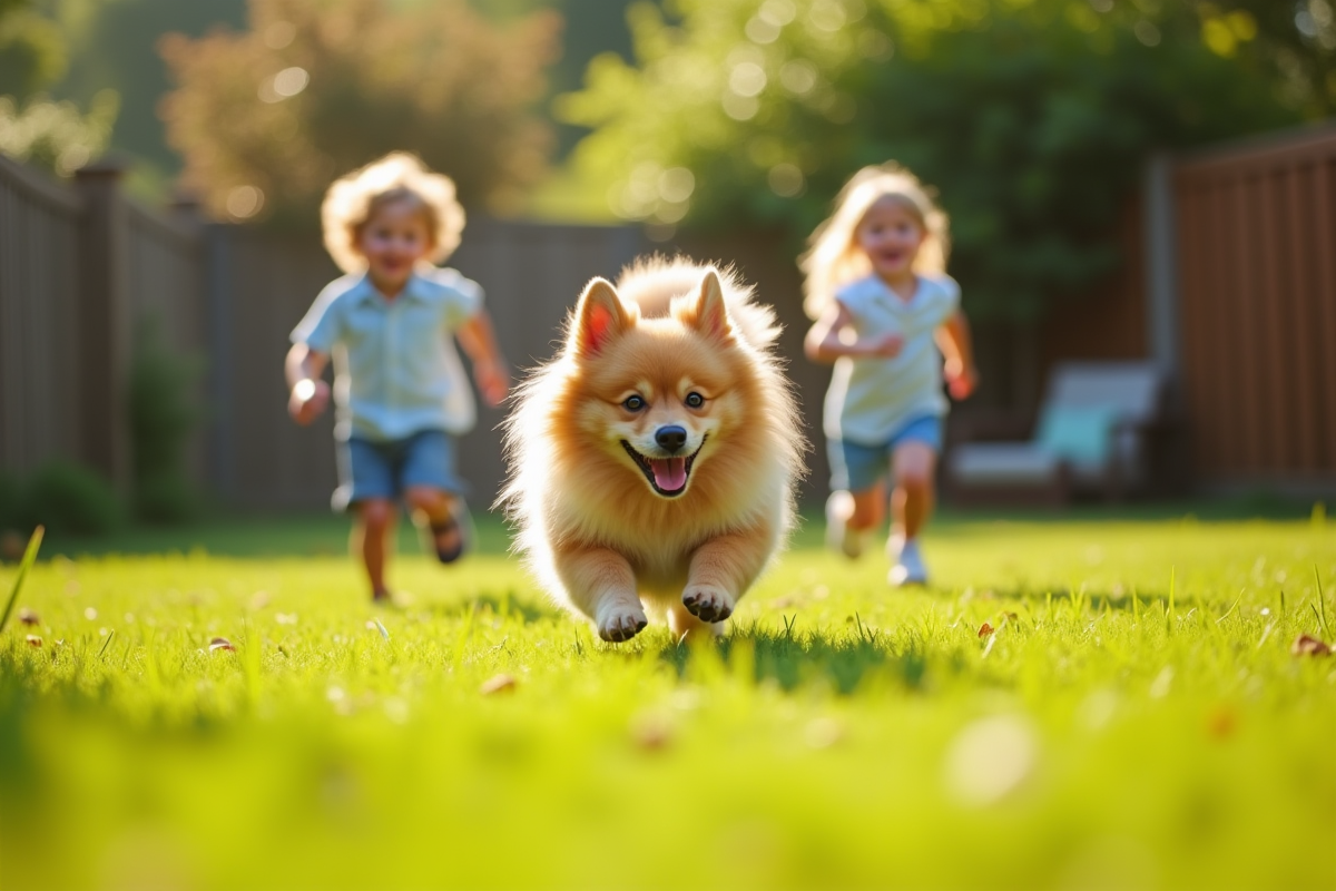 Chien Spitz courant avec des enfants dans le jardin ensoleille