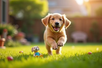 Chiot golden retriever courant dans le jardin ensoleille