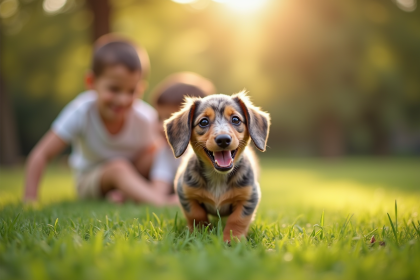 Chiot merle dachshund joue avec enfants dans un parc