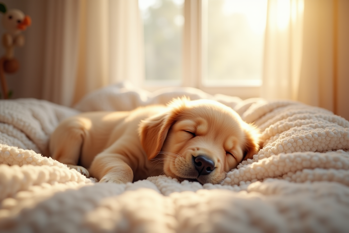 Chiot golden retriever dormant dans une nurserie chaleureuse