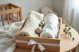 Coffret cadeau baptême original pour bébé avec couverture en laine, hochet argenté personnalisé et lange brodé sur une table en bois
