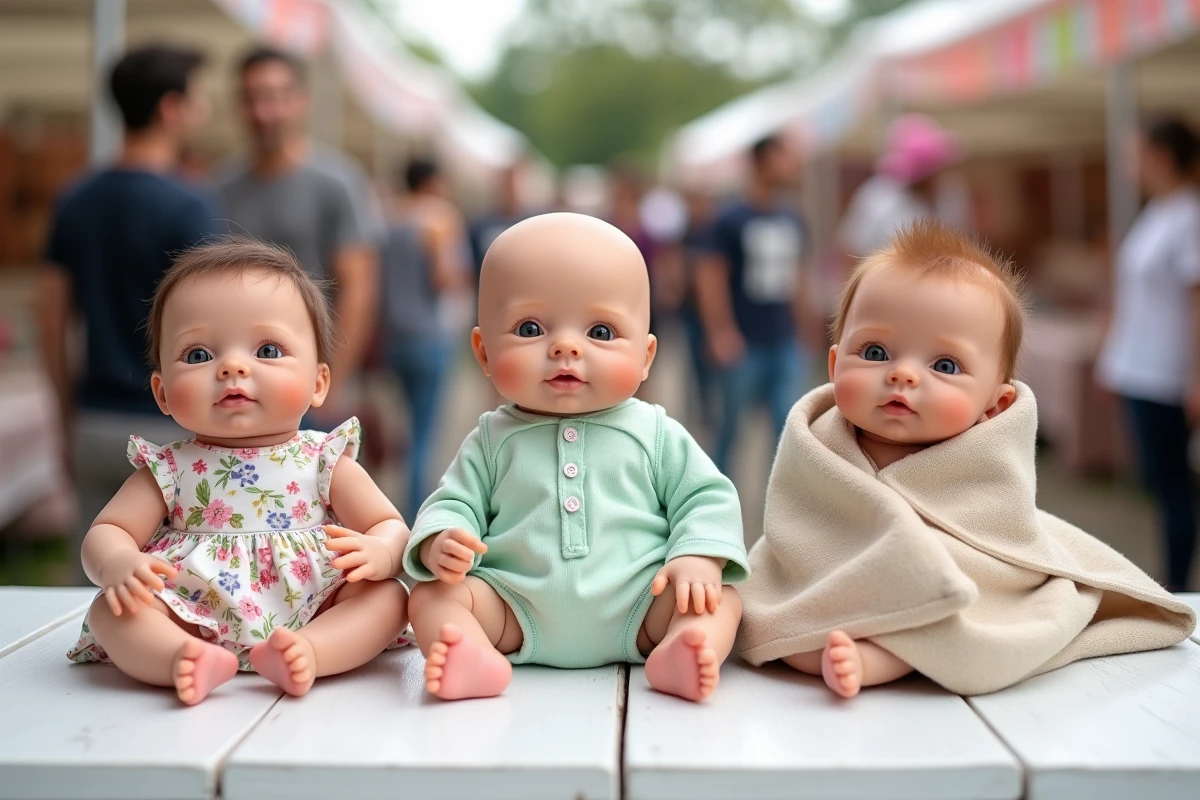 Collection de bébés reborn filles réalistes exposés sur une table de marché avec étiquettes de prix