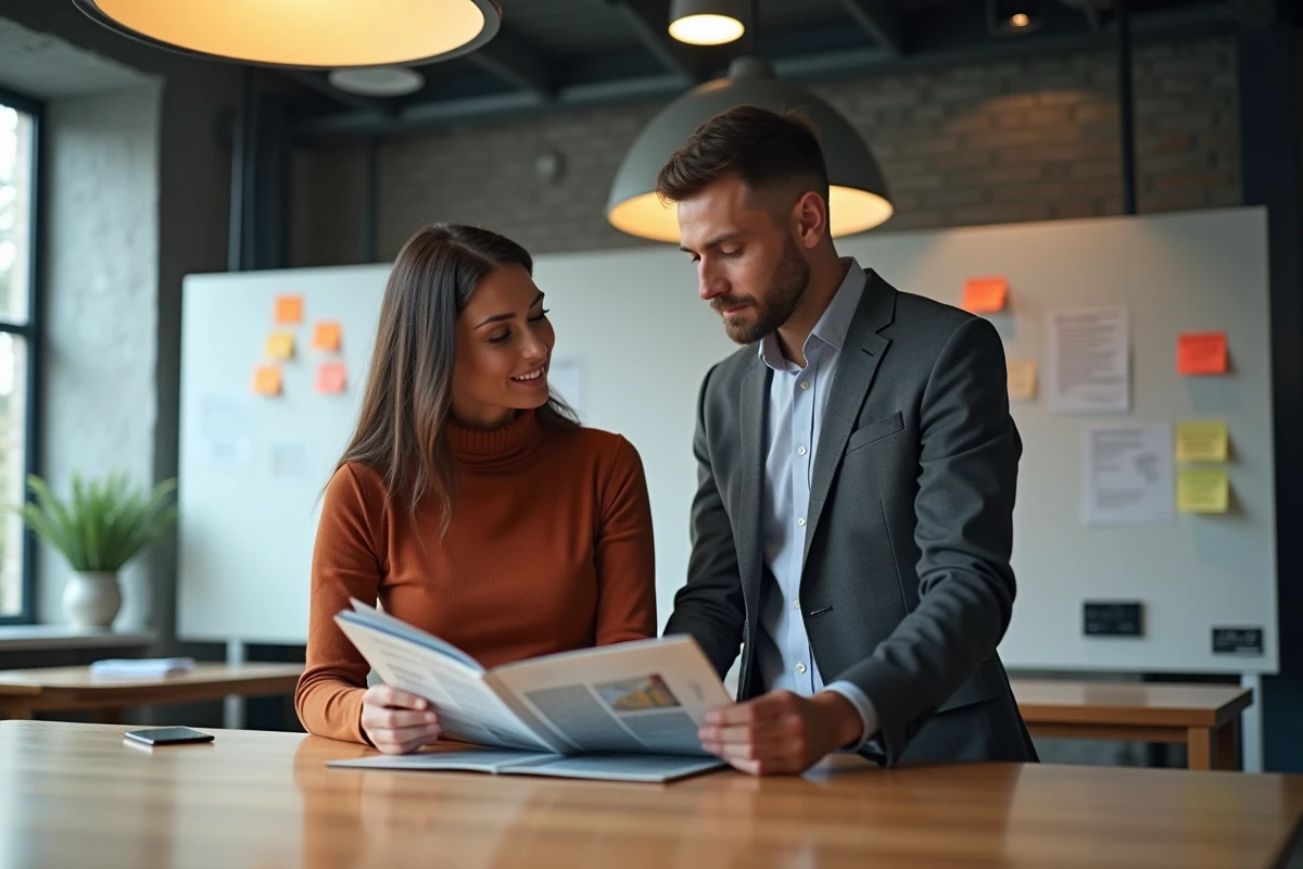 Deux collègues professionnels analysant ensemble un magazine de business dans un espace de coworking contemporain
