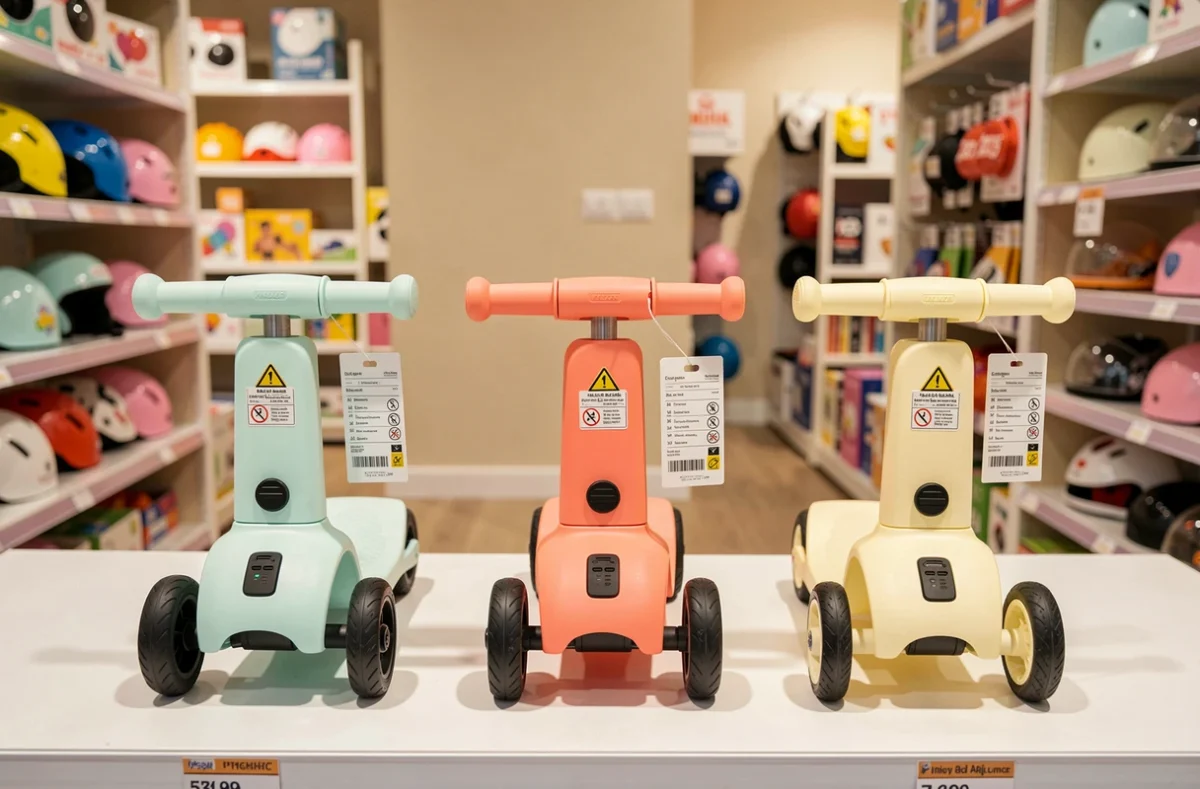 Trois scooters électriques bébé colorés exposés en magasin avec étiquettes de prix et certifications de sécurité