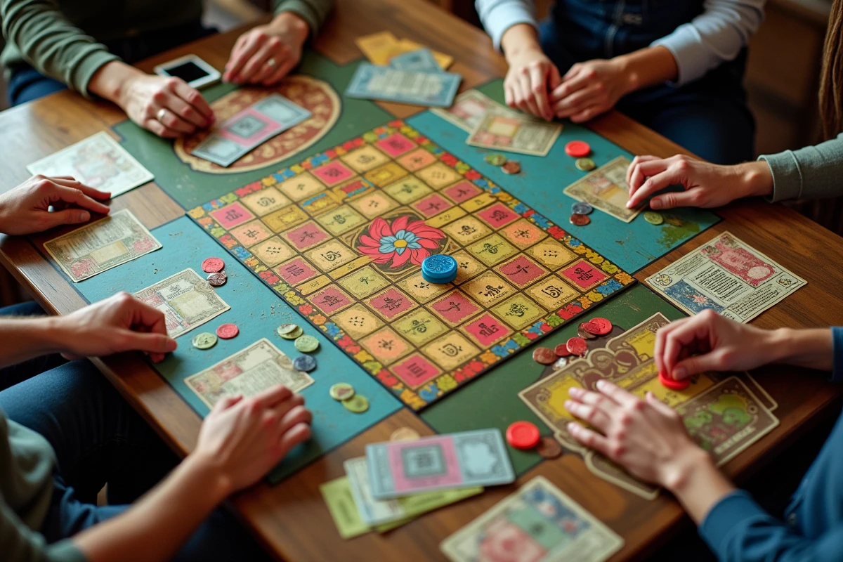Vue en plongée des composants du jeu La Bonne Paye : billets, plateau, cartes et pions colorés