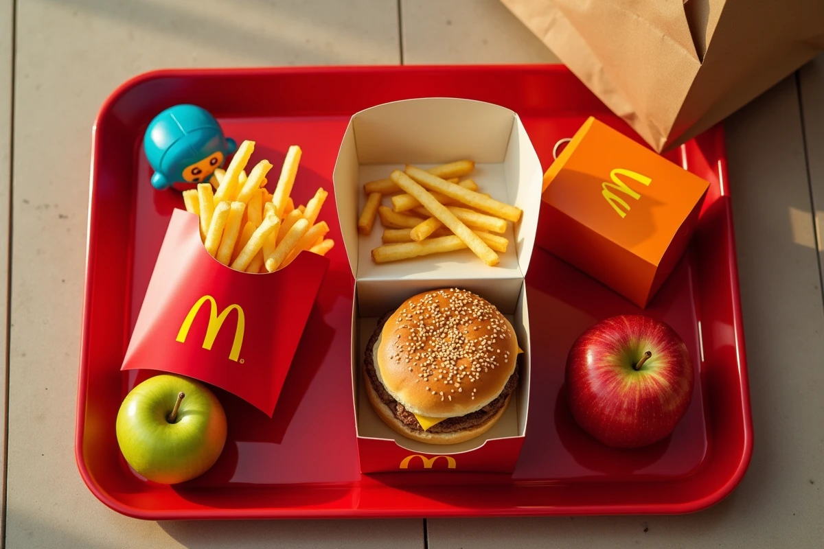 Vue aérienne d'un plateau Happy Meal McDonald's complet avec burger, frites, jus et jouet, illustrant le contenu et le prix du Happy Meal 2026