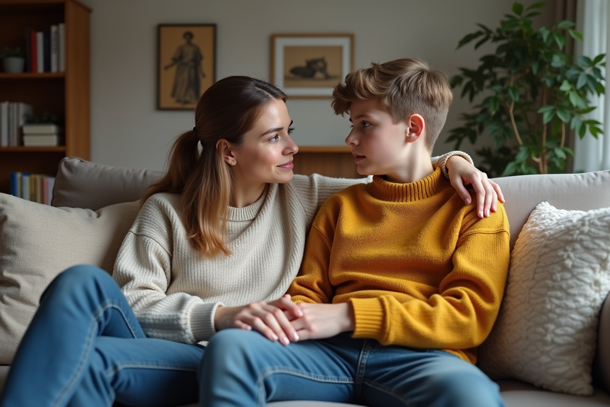 Femme et adolescent discutent dans le salon chaleureux