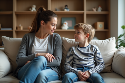 Mère attentive parlant avec son fils de 8 ans dans le salon