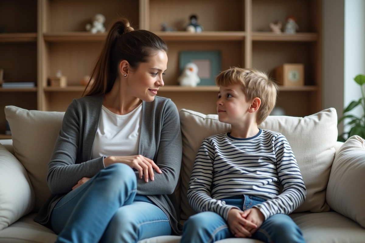 Mère attentive parlant avec son fils de 8 ans dans le salon